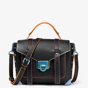 Michael Kors Manhattan Black Small Contrast-Trim Leather Satchel Crossbody